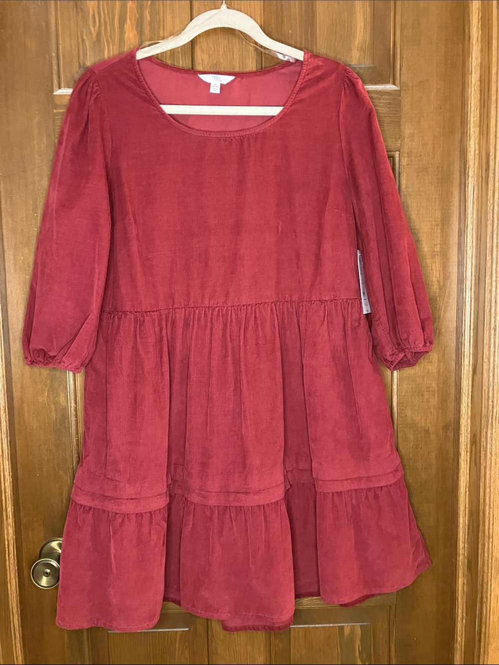 Time and Tru Burgundy Tiered Corduroy Long Sleeve Dress—medium